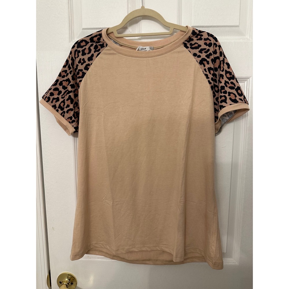 Wiholl Womens Leopard Print Raglan Short Sleeve T-Shirt Tan Animal Print Large
